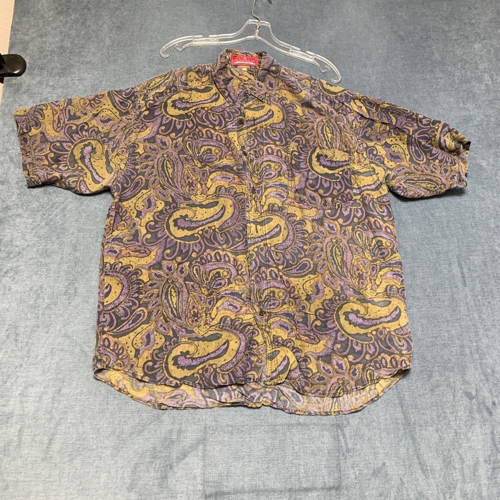 Vintage Angelo Shirt Mens Purple Gold Paisley Short Sleeve Outdoor Button Up